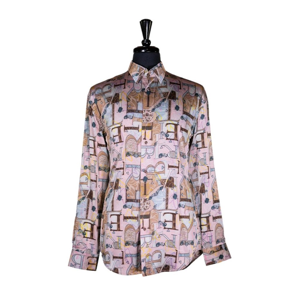 Mens Silk Shirt Button Up Pink Brown Abstract Designer Luxury Dress Casual Large